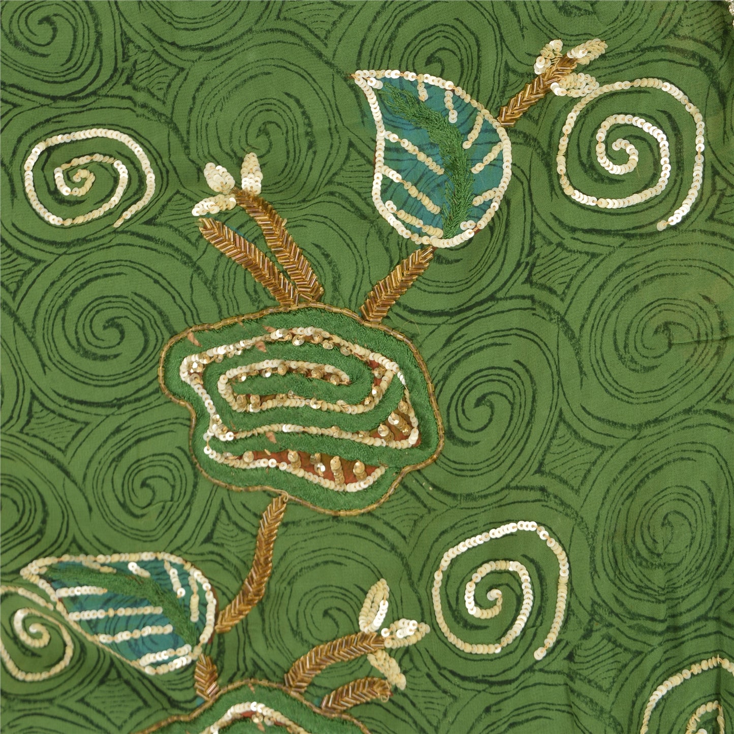 Sanskriti Vintage Green Sarees Blend Georgette Hand Beaded Craft Fabric Sari