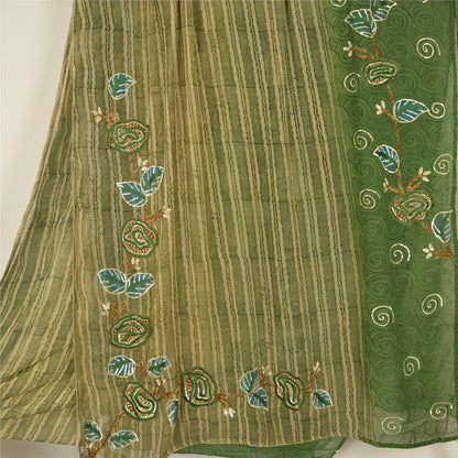 Sanskriti Vintage Green Sarees Blend Georgette Hand Beaded Craft Fabric Sari