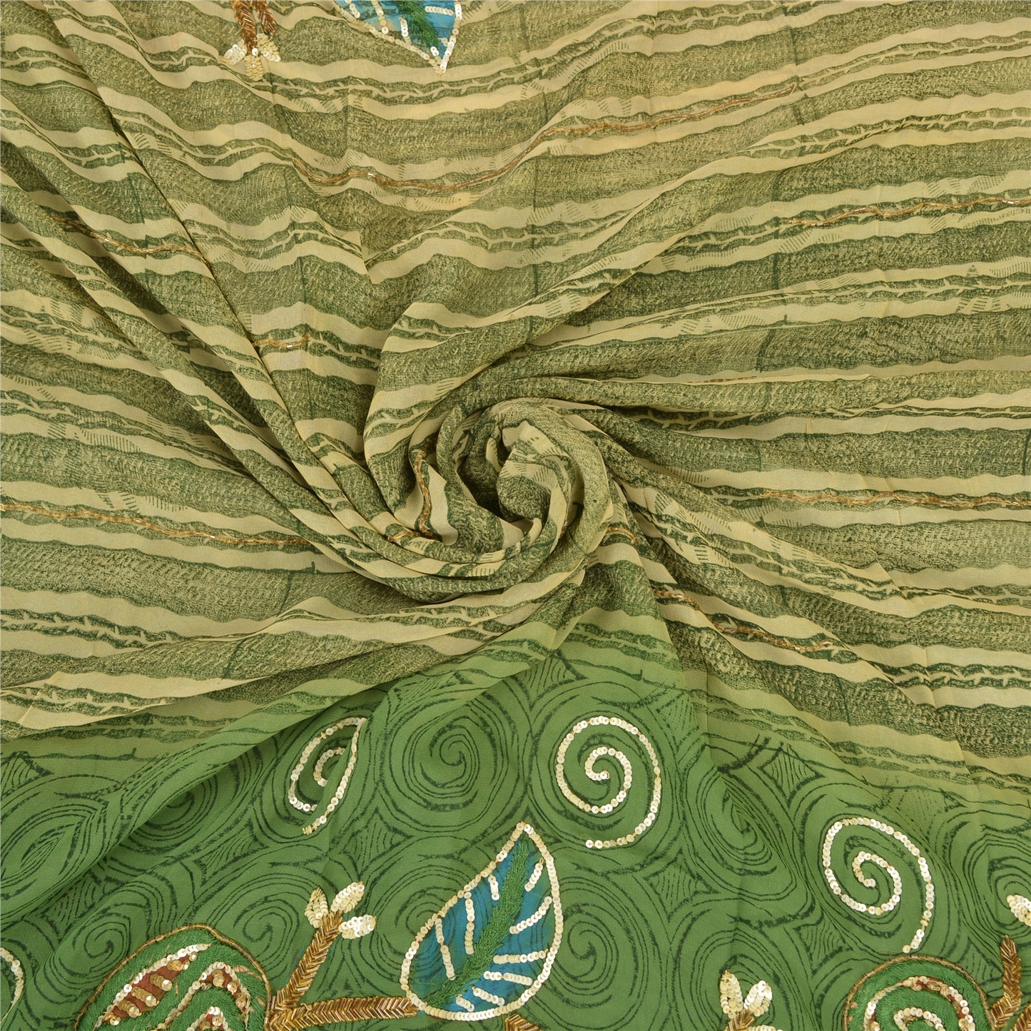Sanskriti Vintage Green Sarees Blend Georgette Hand Beaded Craft Fabric Sari