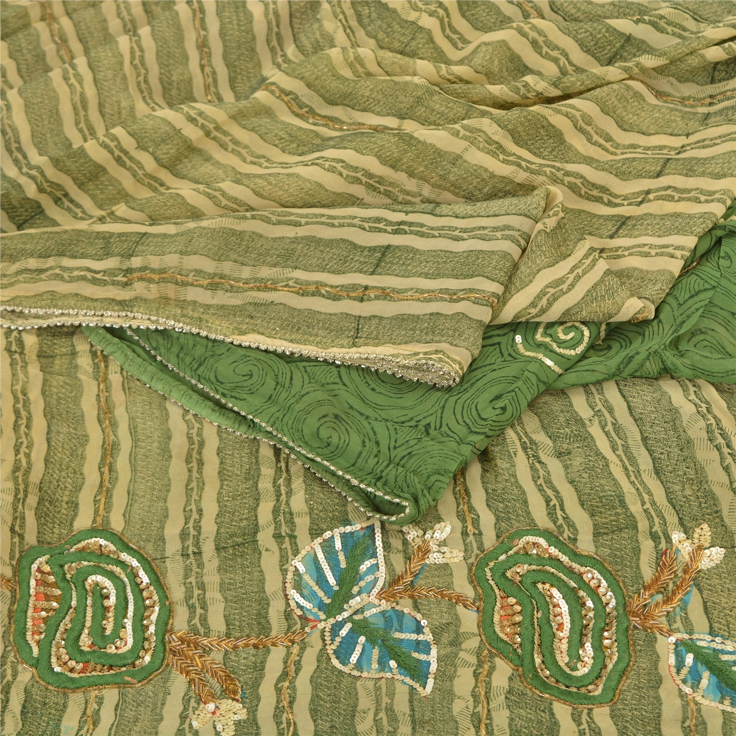 Sanskriti Vintage Green Sarees Blend Georgette Hand Beaded Craft Fabric Sari