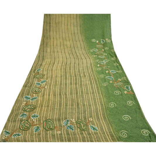 Sanskriti Vintage Green Sarees Blend Georgette Hand Beaded Craft Fabric Sari