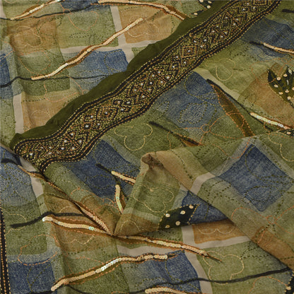 Sanskriti Vintage Sarees Pure Crepe Silk Hand Beaded Kantha Sari Craft Fabric