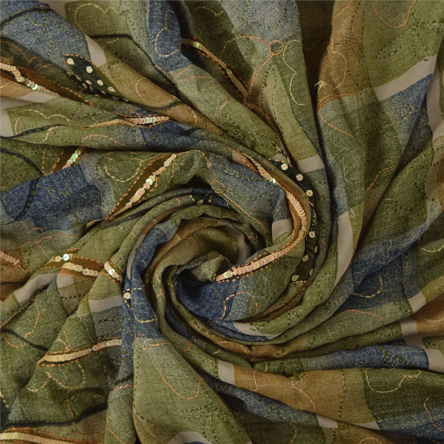 Sanskriti Vintage Sarees Pure Crepe Silk Hand Beaded Kantha Sari Craft Fabric
