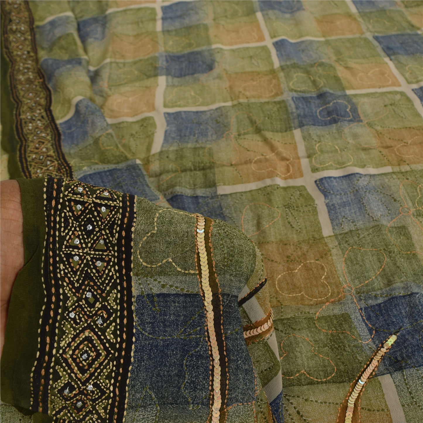 Sanskriti Vintage Sarees Pure Crepe Silk Hand Beaded Kantha Sari Craft Fabric
