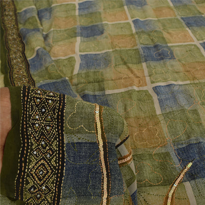 Sanskriti Vintage Sarees Pure Crepe Silk Hand Beaded Kantha Sari Craft Fabric