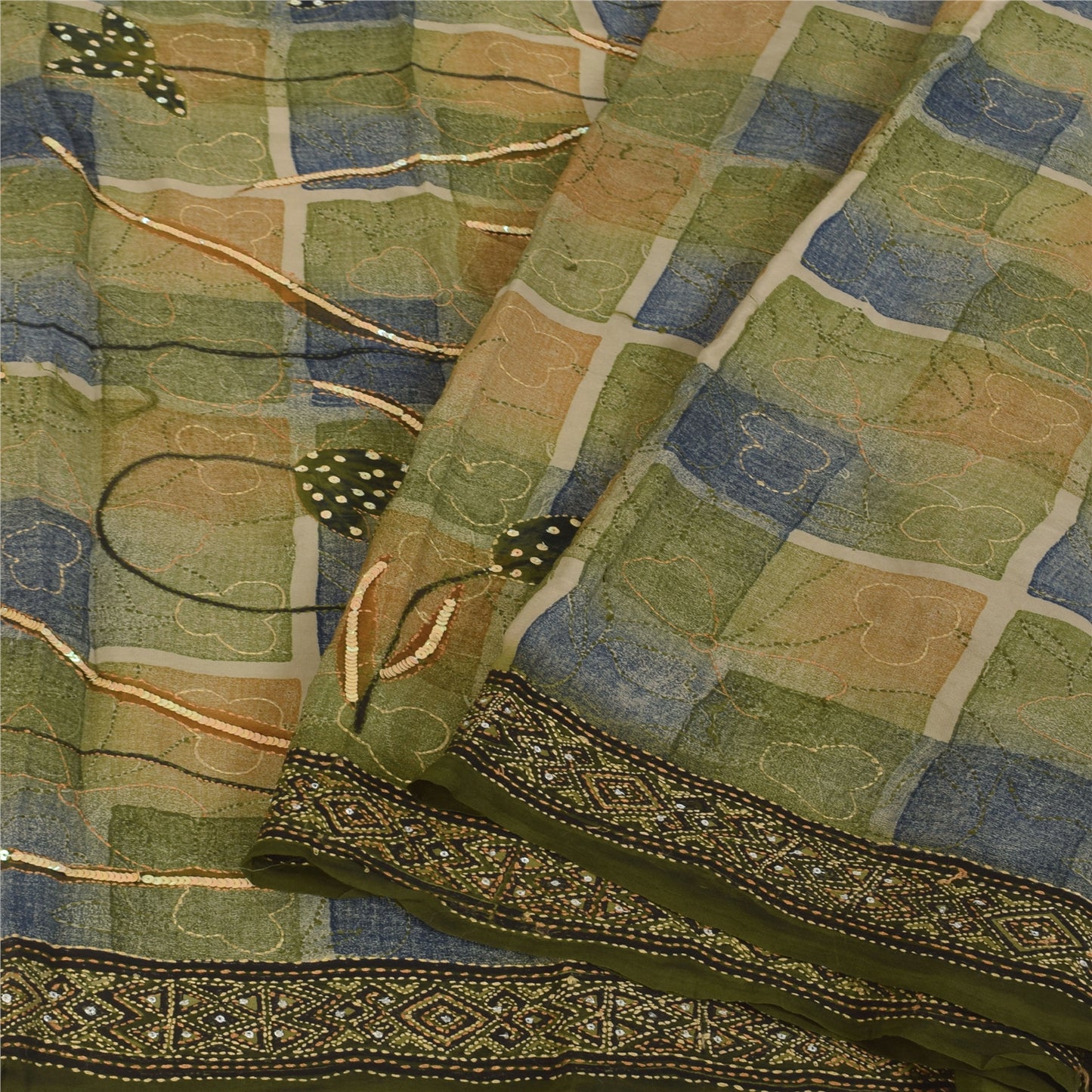 Sanskriti Vintage Sarees Pure Crepe Silk Hand Beaded Kantha Sari Craft Fabric