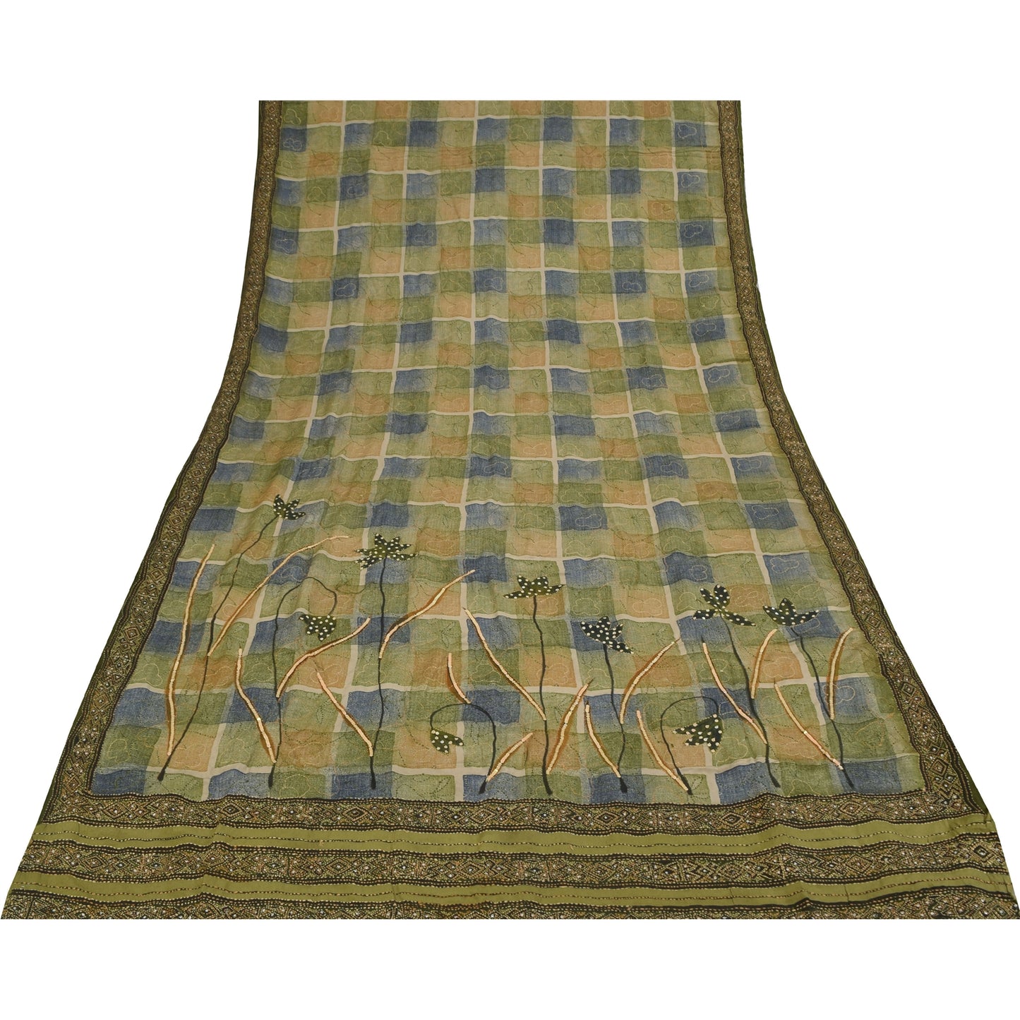 Sanskriti Vintage Sarees Pure Crepe Silk Hand Beaded Kantha Sari Craft Fabric