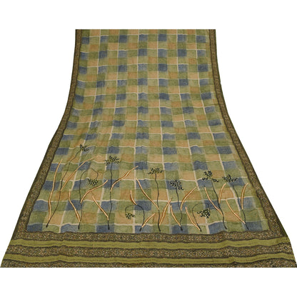 Sanskriti Vintage Sarees Pure Crepe Silk Hand Beaded Kantha Sari Craft Fabric