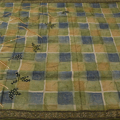 Sanskriti Vintage Sarees Pure Crepe Silk Hand Beaded Kantha Sari Craft Fabric