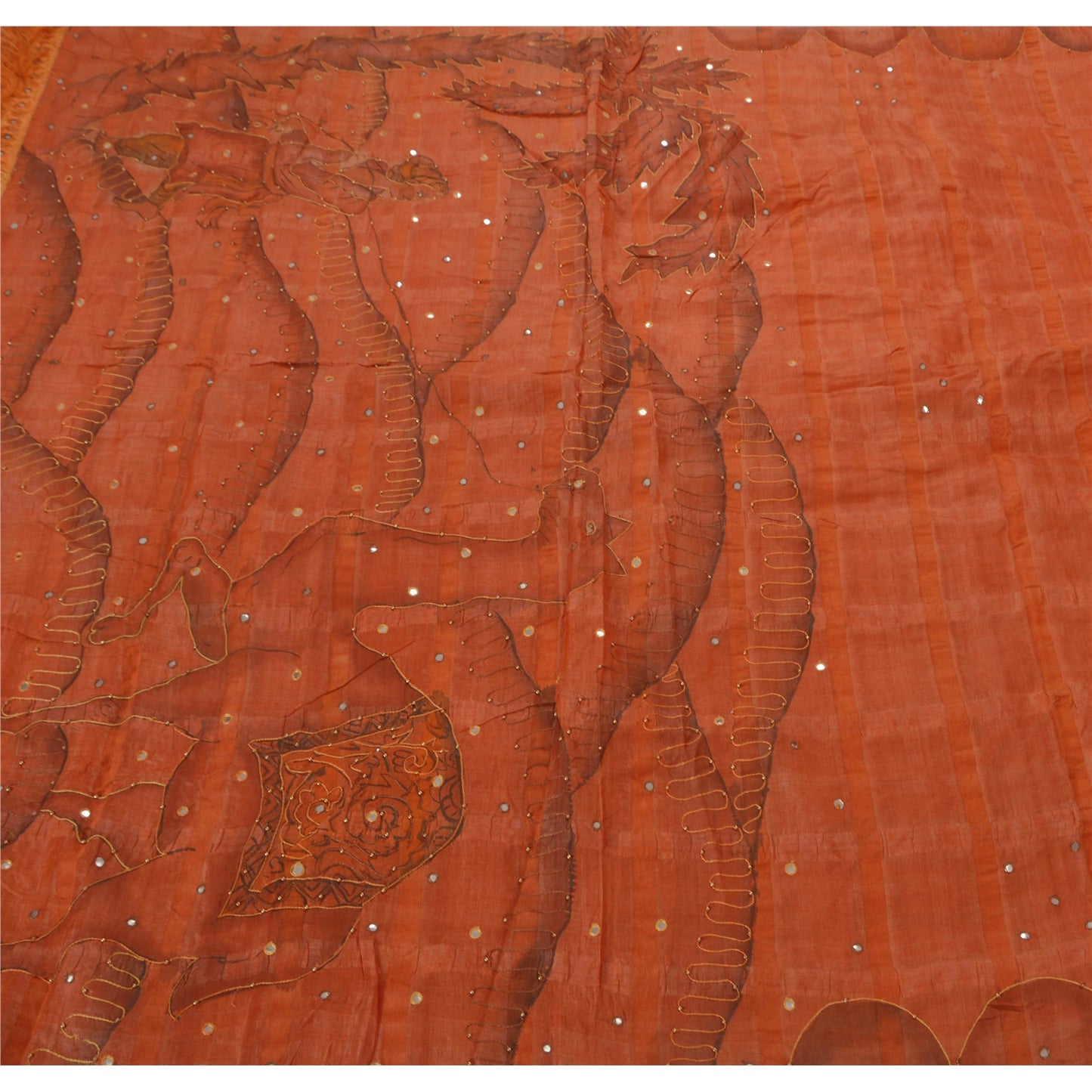 Sanskriti Vintage Sarees 100% Pure Silk Hand Beaded Orange Craft Fabric Sari