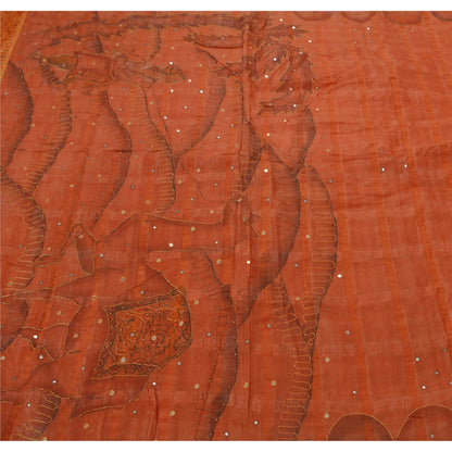 Sanskriti Vintage Sarees 100% Pure Silk Hand Beaded Orange Craft Fabric Sari