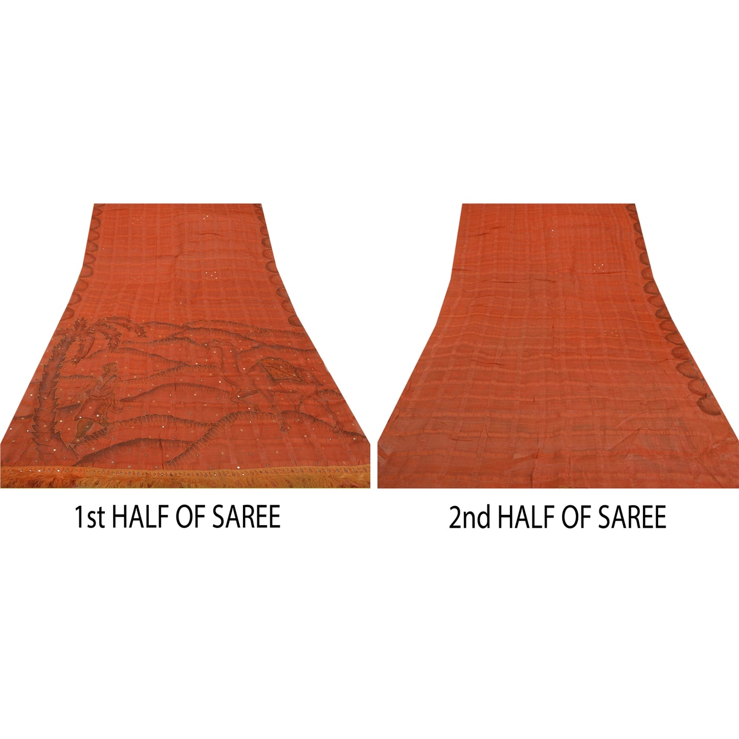 Sanskriti Vintage Sarees 100% Pure Silk Hand Beaded Orange Craft Fabric Sari