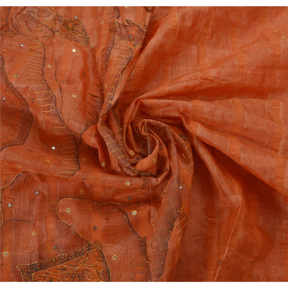 Sanskriti Vintage Sarees 100% Pure Silk Hand Beaded Orange Craft Fabric Sari