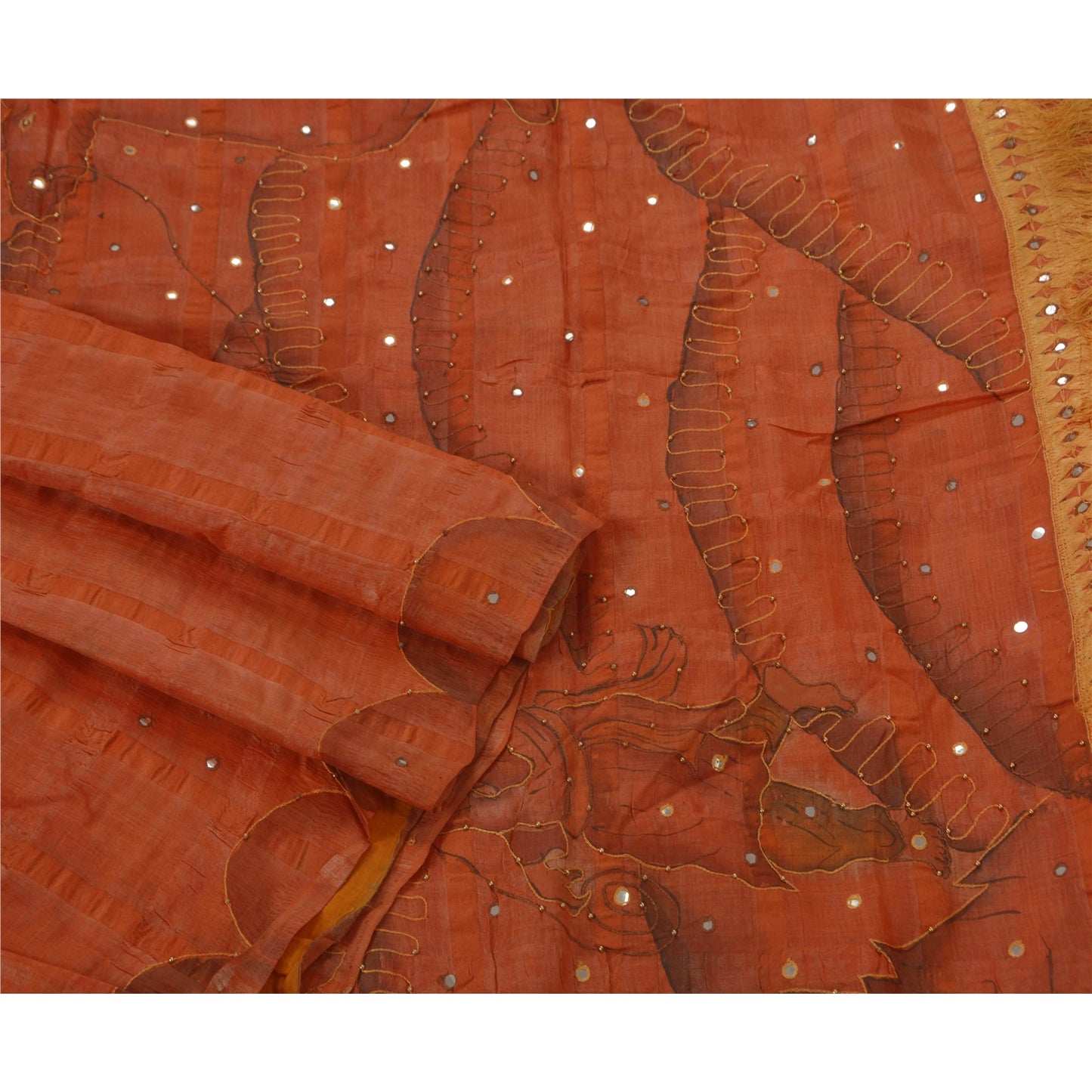 Sanskriti Vintage Sarees 100% Pure Silk Hand Beaded Orange Craft Fabric Sari