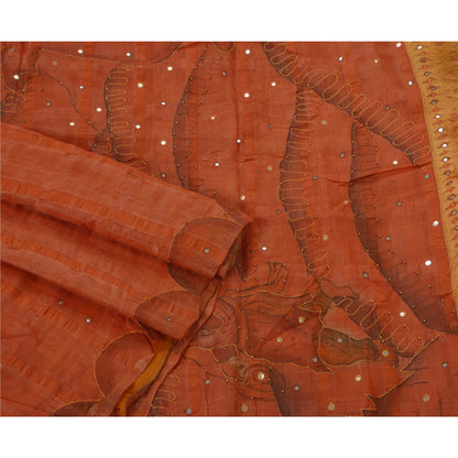 Sanskriti Vintage Sarees 100% Pure Silk Hand Beaded Orange Craft Fabric Sari