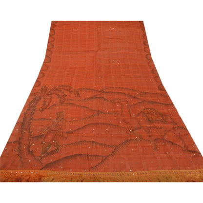 Sanskriti Vintage Sarees 100% Pure Silk Hand Beaded Orange Craft Fabric Sari