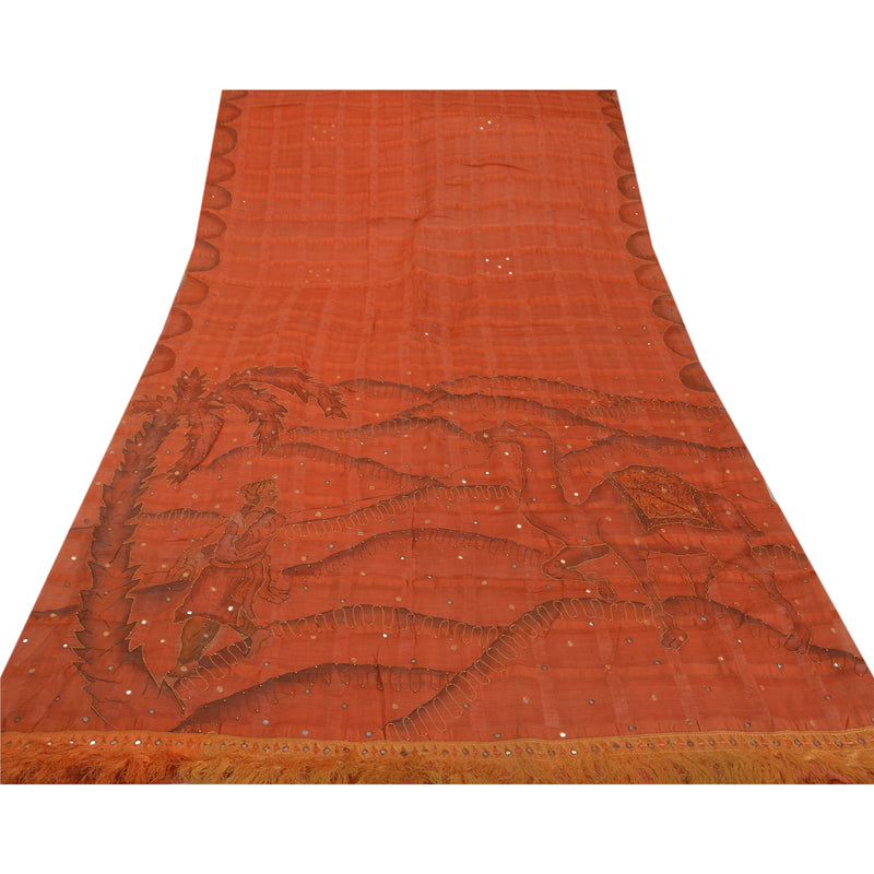 Sanskriti Vintage Sarees 100% Pure Silk Hand Beaded Orange Craft Fabric Sari