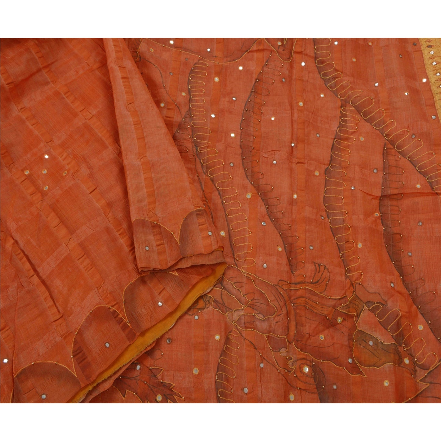 Sanskriti Vintage Sarees 100% Pure Silk Hand Beaded Orange Craft Fabric Sari