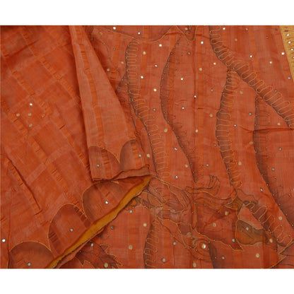 Sanskriti Vintage Sarees 100% Pure Silk Hand Beaded Orange Craft Fabric Sari
