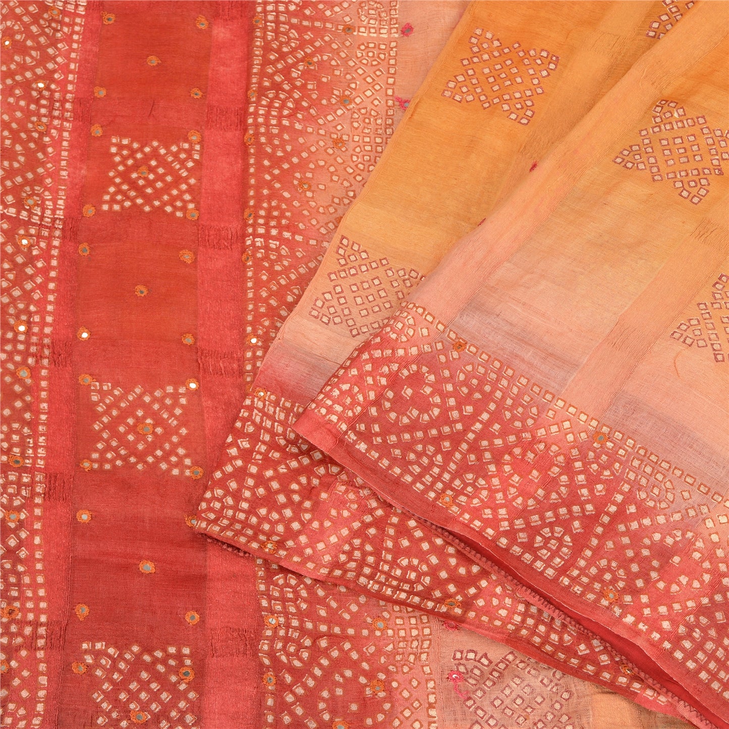 Sanskriti Vintage Orange Sarees Pure Silk Hand Embroidered Craft Fabric Sari