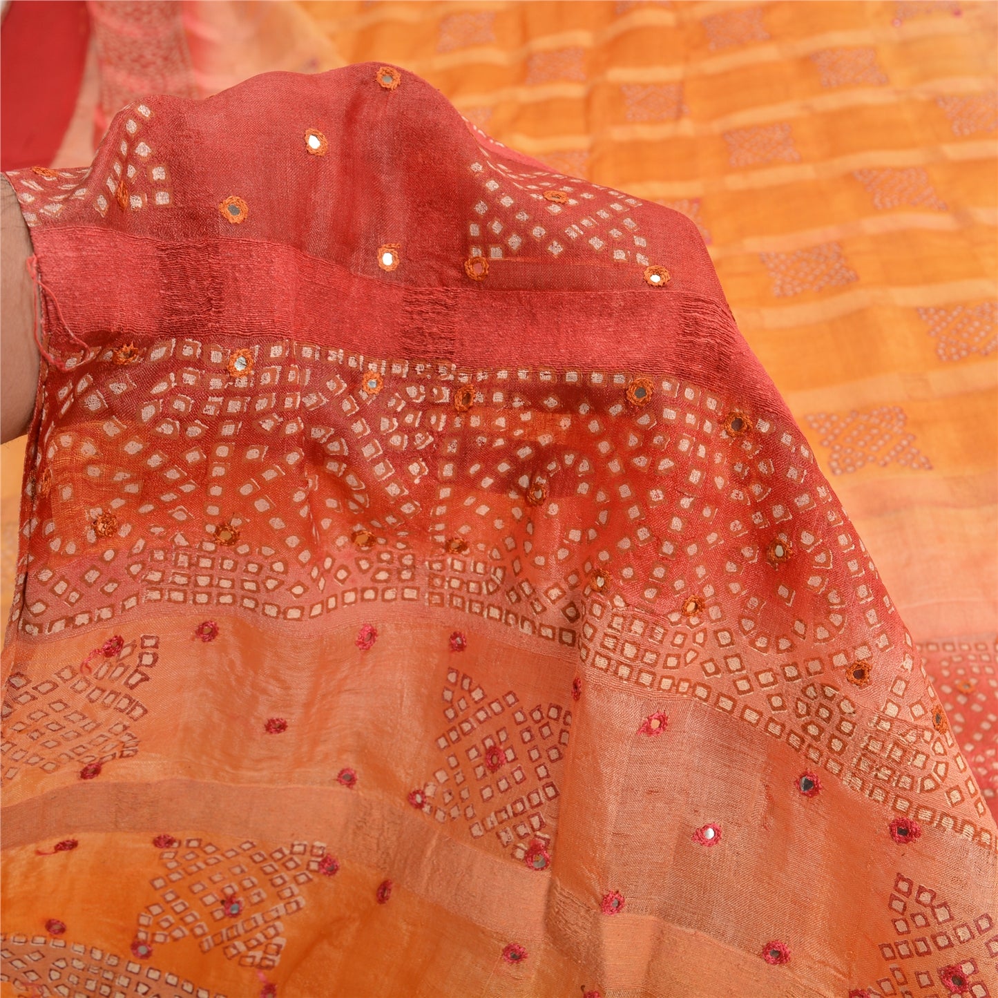 Sanskriti Vintage Orange Sarees Pure Silk Hand Embroidered Craft Fabric Sari