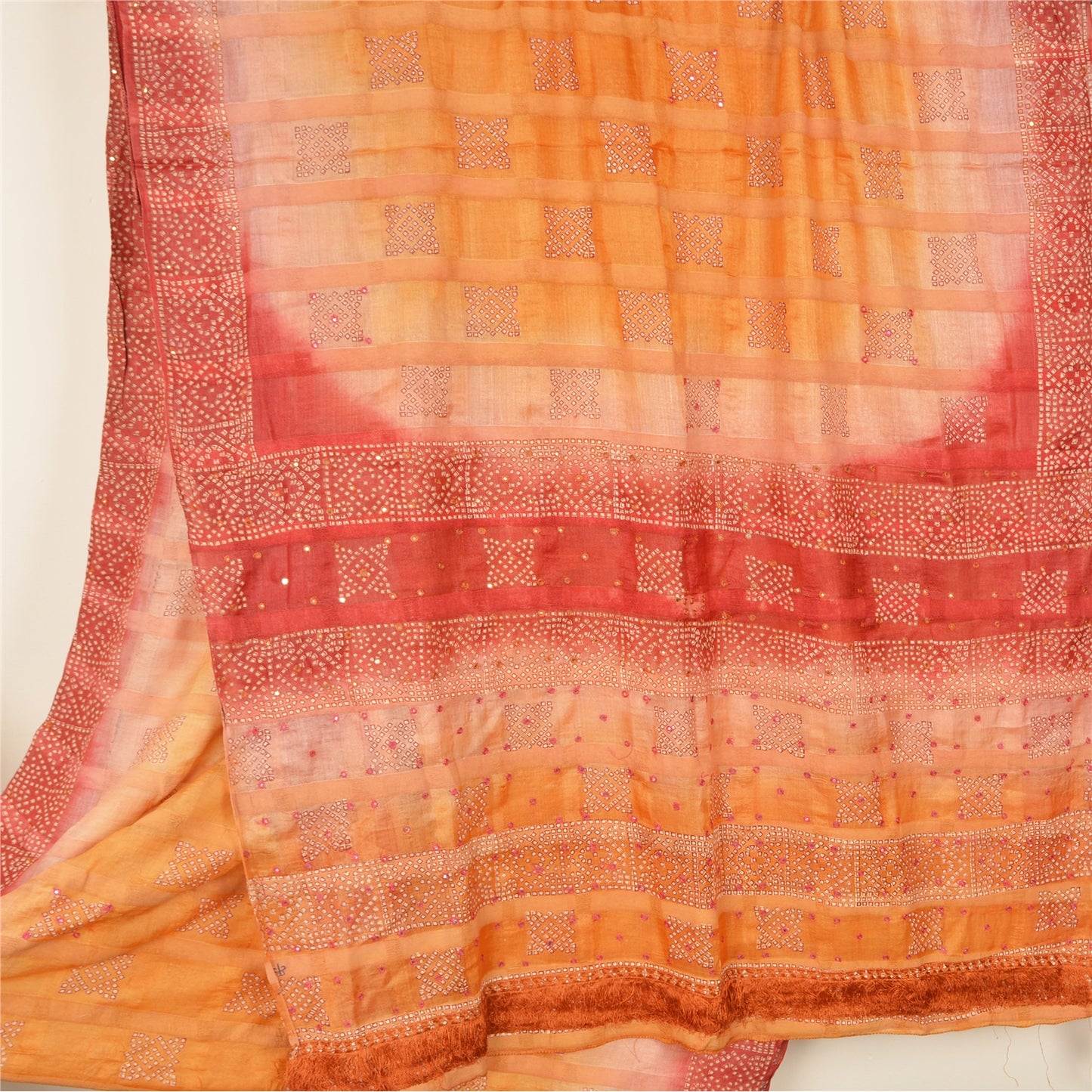 Sanskriti Vintage Orange Sarees Pure Silk Hand Embroidered Craft Fabric Sari
