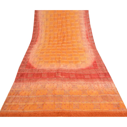 Sanskriti Vintage Orange Sarees Pure Silk Hand Embroidered Craft Fabric Sari