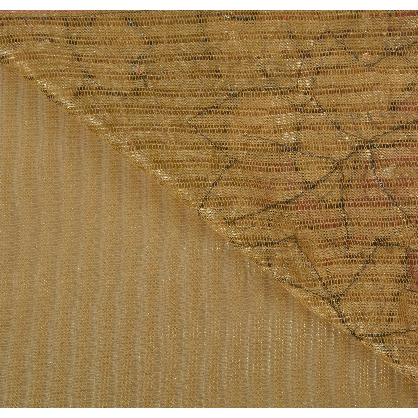 Sanskriti Vintage Beige Sarees Net Mesh Hand Beaded Craft Fabric 5 YD Sari