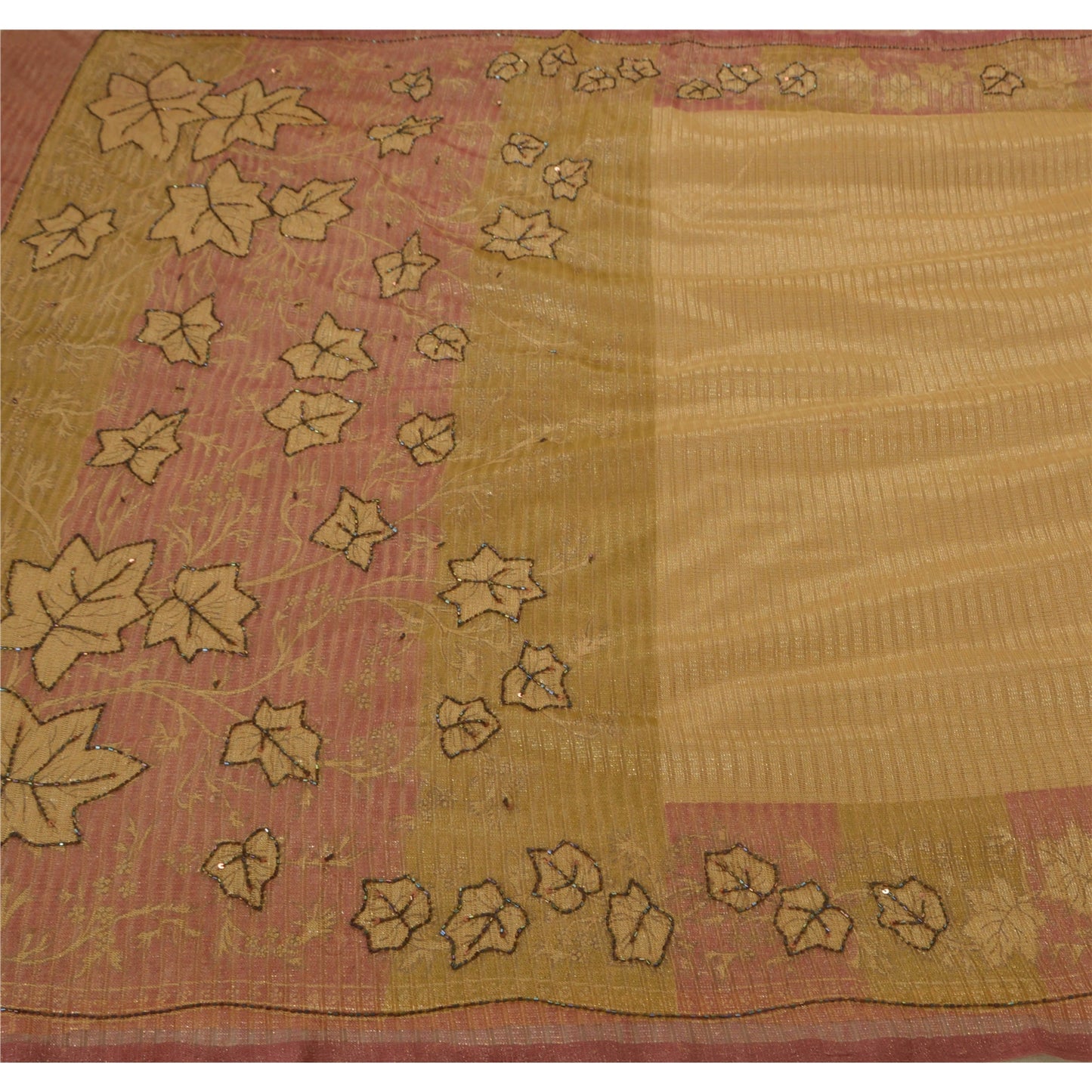 Sanskriti Vintage Beige Sarees Net Mesh Hand Beaded Craft Fabric 5 YD Sari