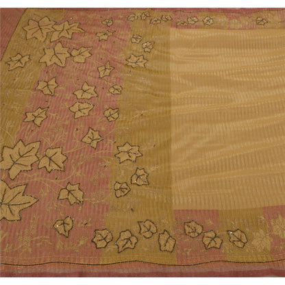 Sanskriti Vintage Beige Sarees Net Mesh Hand Beaded Craft Fabric 5 YD Sari