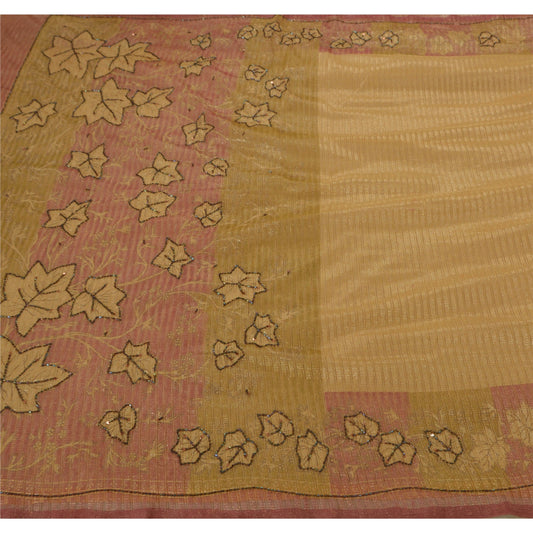 Sanskriti Vintage Beige Sarees Net Mesh Hand Beaded Craft Fabric 5 YD Sari