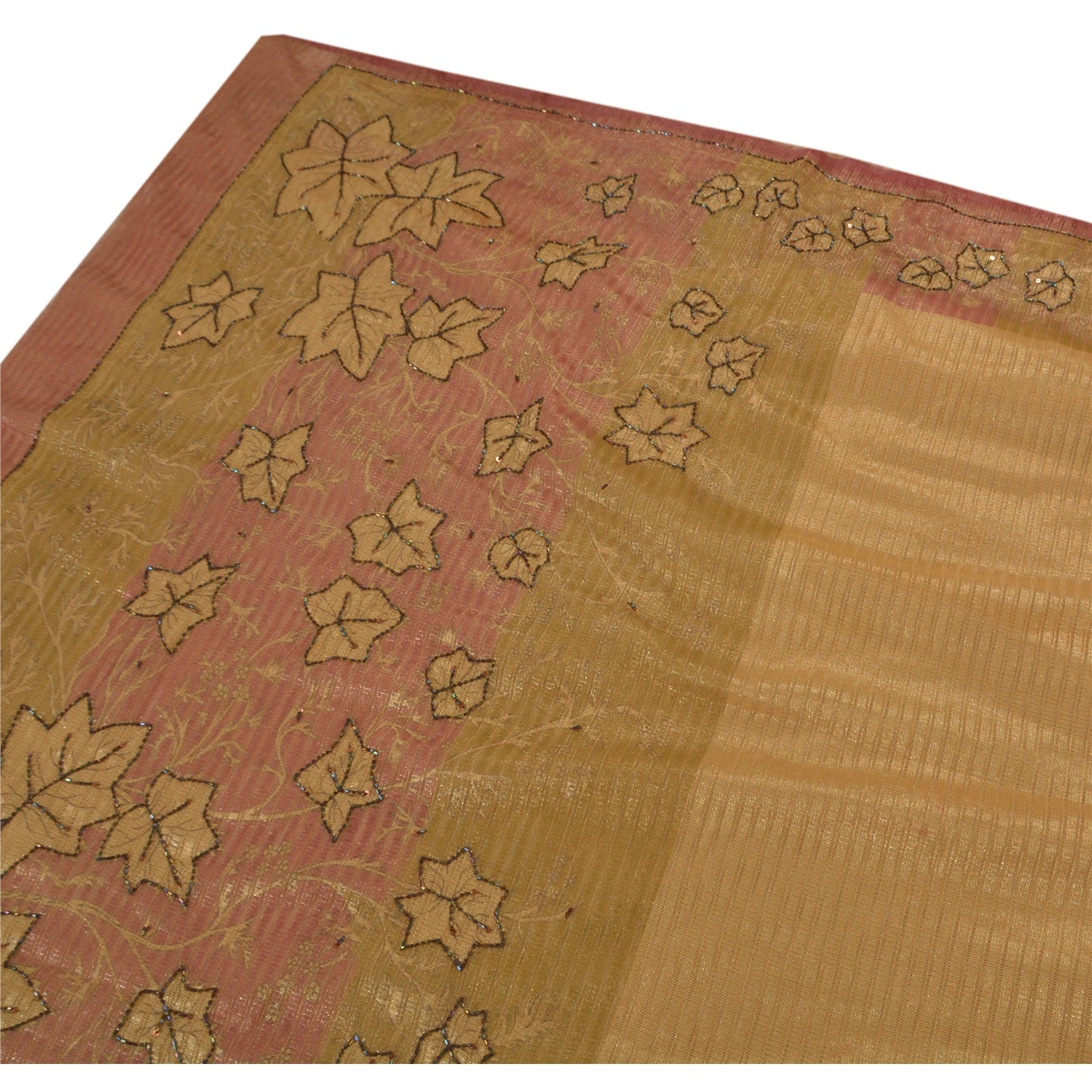 Sanskriti Vintage Beige Sarees Net Mesh Hand Beaded Craft Fabric 5 YD Sari