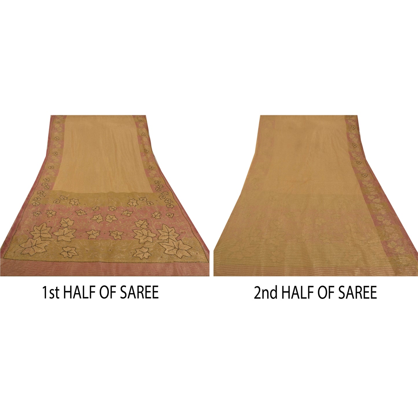 Sanskriti Vintage Beige Sarees Net Mesh Hand Beaded Craft Fabric 5 YD Sari
