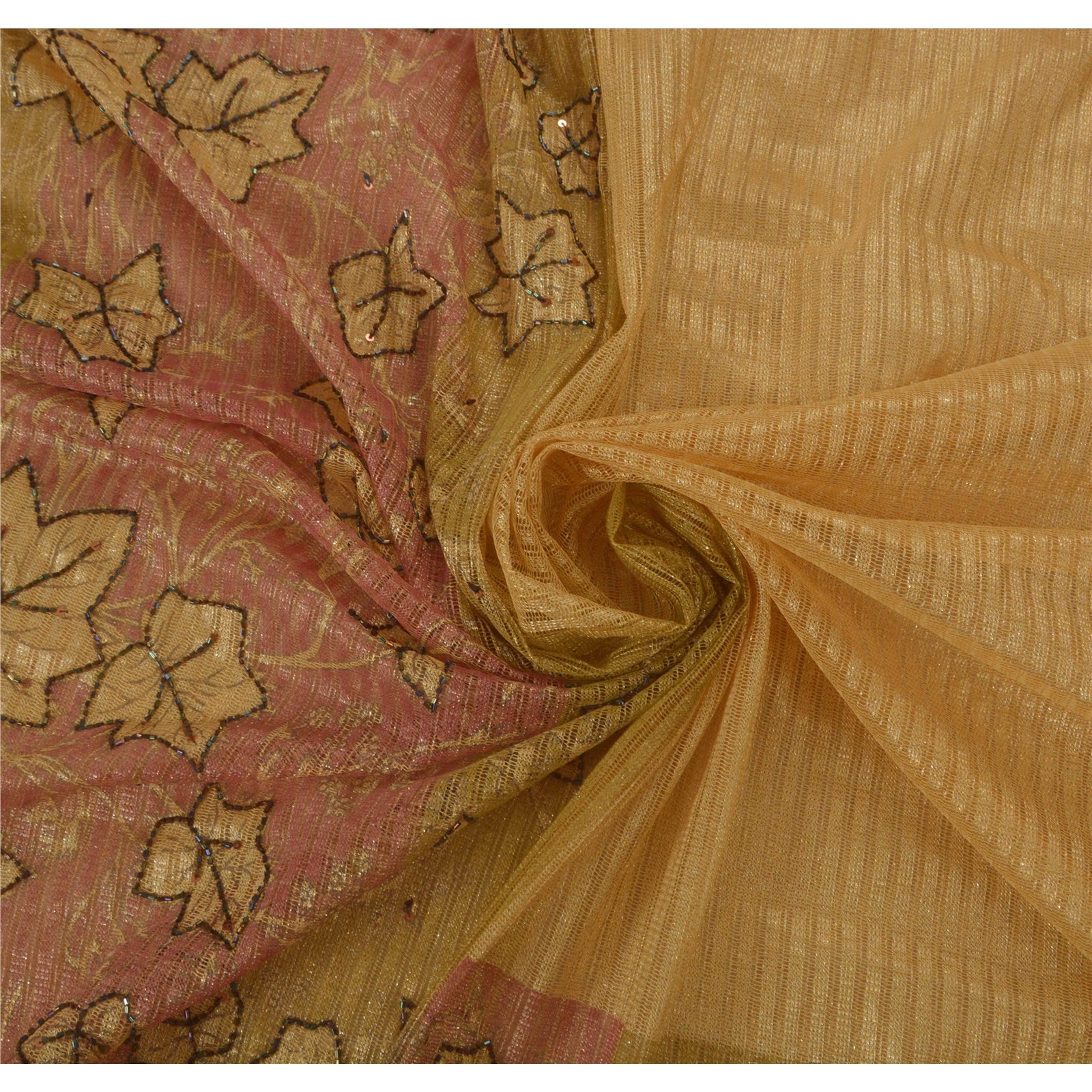 Sanskriti Vintage Beige Sarees Net Mesh Hand Beaded Craft Fabric 5 YD Sari