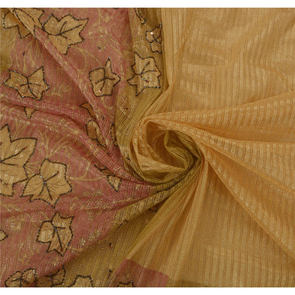 Sanskriti Vintage Beige Sarees Net Mesh Hand Beaded Craft Fabric 5 YD Sari