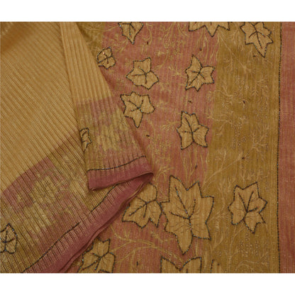Sanskriti Vintage Beige Sarees Net Mesh Hand Beaded Craft Fabric 5 YD Sari