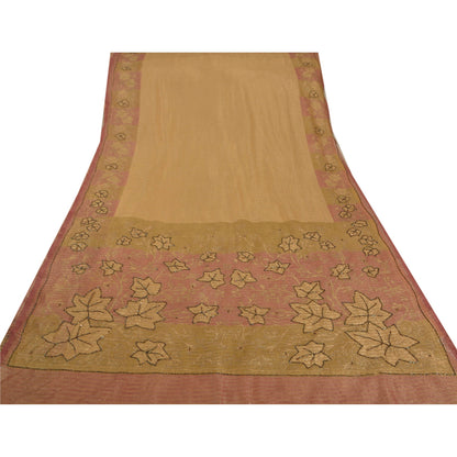 Sanskriti Vintage Beige Sarees Net Mesh Hand Beaded Craft Fabric 5 YD Sari