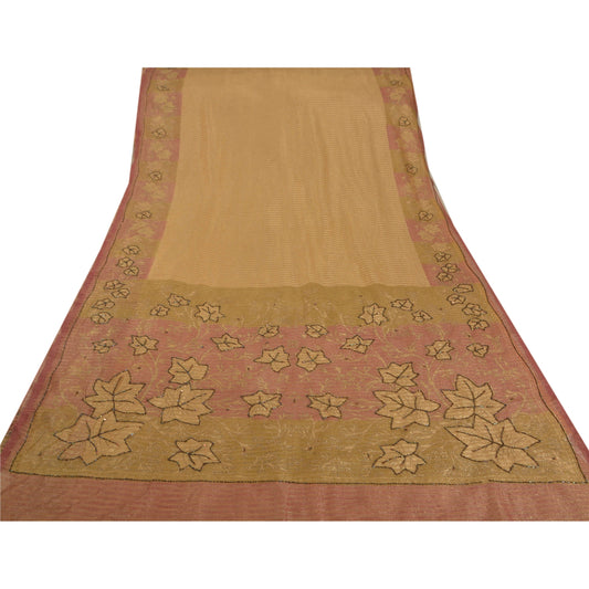 Sanskriti Vintage Beige Sarees Net Mesh Hand Beaded Craft Fabric 5 YD Sari