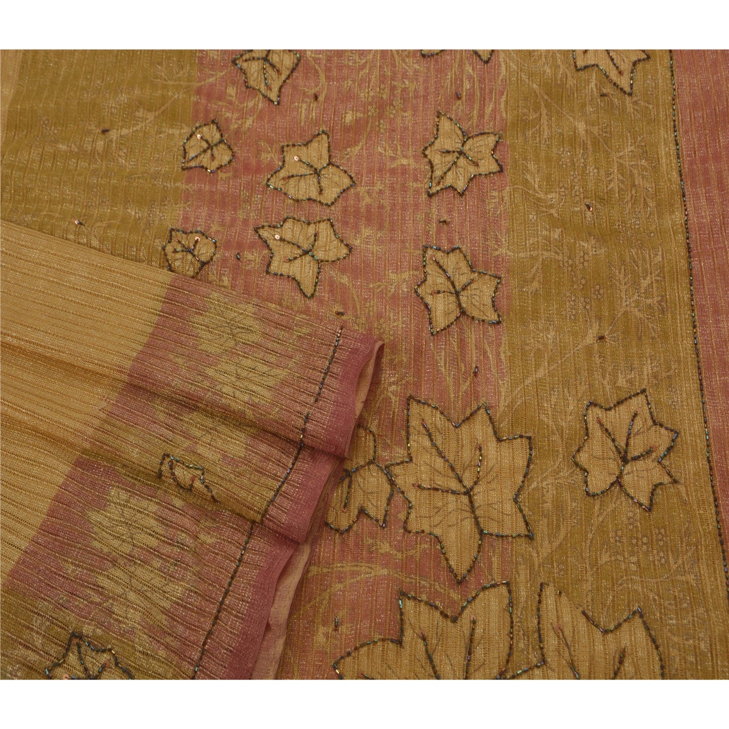 Sanskriti Vintage Beige Sarees Net Mesh Hand Beaded Craft Fabric 5 YD Sari