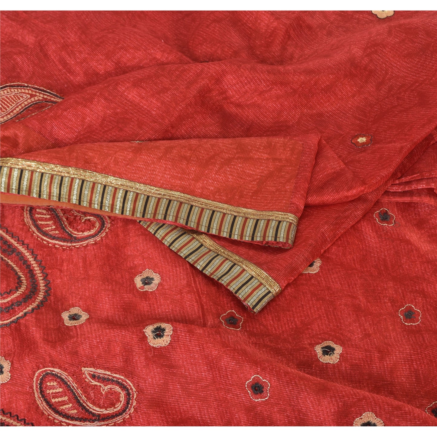 Sanskriti Vintage Dark Red Sarees Art Silk Embroidered Woven Craft Fabric Sari