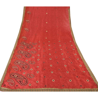Sanskriti Vintage Dark Red Sarees Art Silk Embroidered Woven Craft Fabric Sari