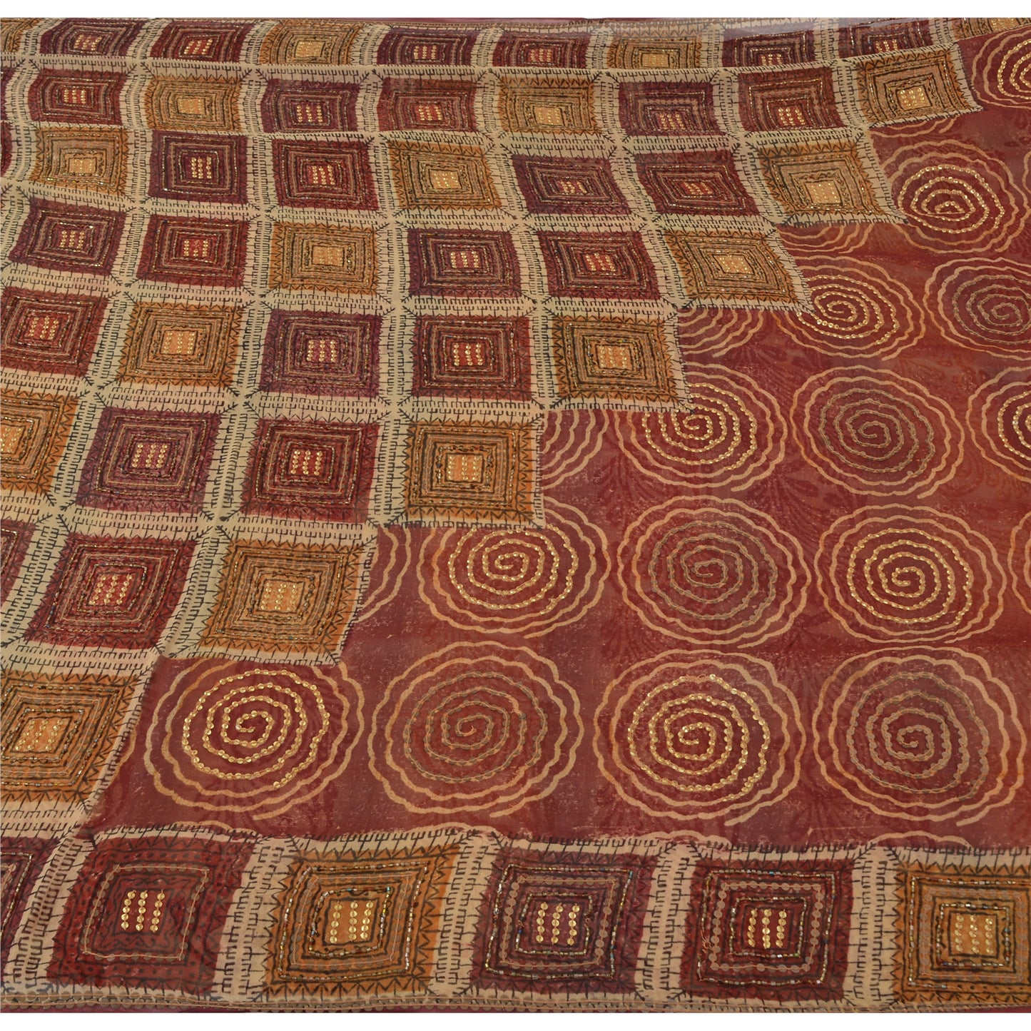 Sanskriti Vintage Brown Sarees Pure Georgette Hand Beaded Craft Fabric 5yrd Sari