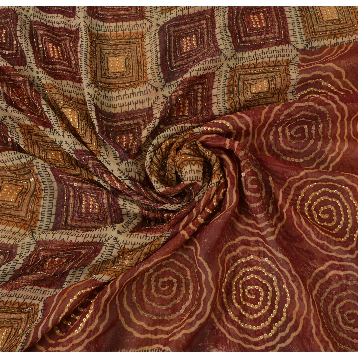 Sanskriti Vintage Brown Sarees Pure Georgette Hand Beaded Craft Fabric 5yrd Sari
