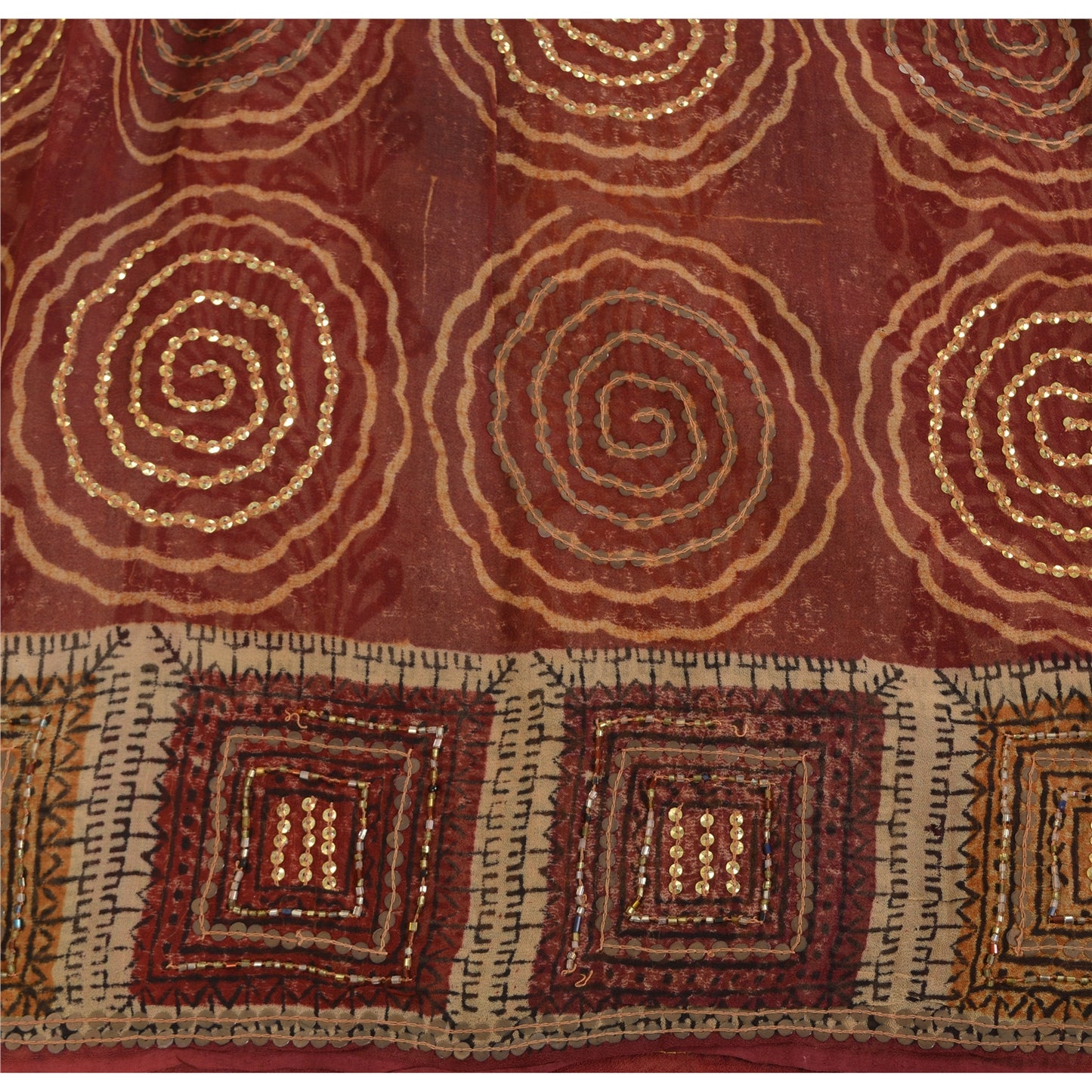 Sanskriti Vintage Brown Sarees Pure Georgette Hand Beaded Craft Fabric 5yrd Sari