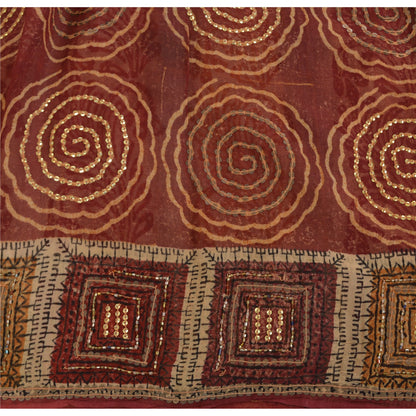 Sanskriti Vintage Brown Sarees Pure Georgette Hand Beaded Craft Fabric 5yrd Sari