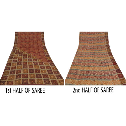 Sanskriti Vintage Brown Sarees Pure Georgette Hand Beaded Craft Fabric 5yrd Sari