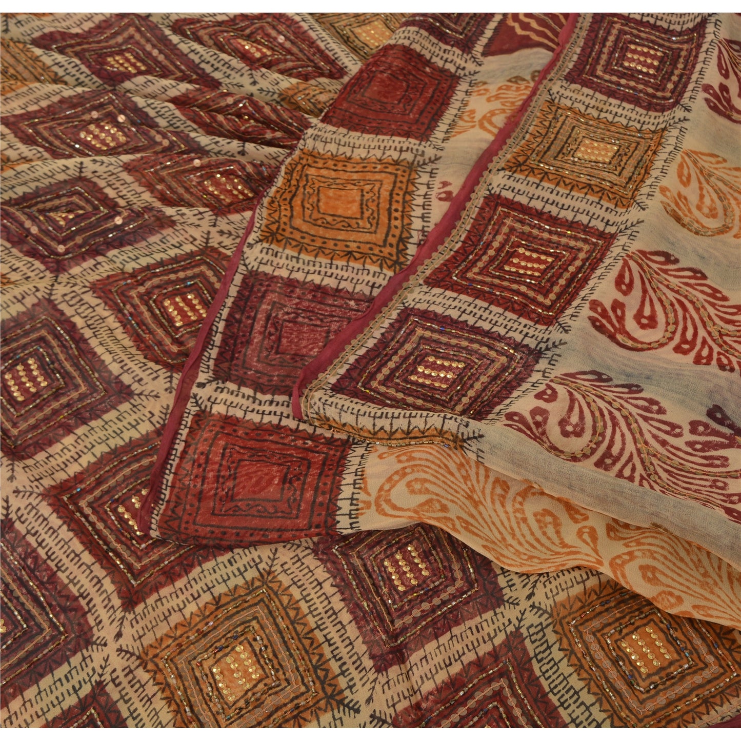 Sanskriti Vintage Brown Sarees Pure Georgette Hand Beaded Craft Fabric 5yrd Sari