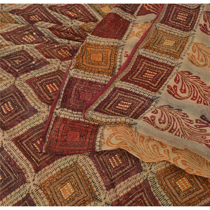 Sanskriti Vintage Brown Sarees Pure Georgette Hand Beaded Craft Fabric 5yrd Sari