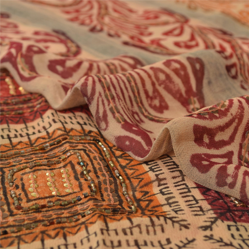 Sanskriti Vintage Brown Sarees Pure Georgette Hand Beaded Craft Fabric 5yrd Sari