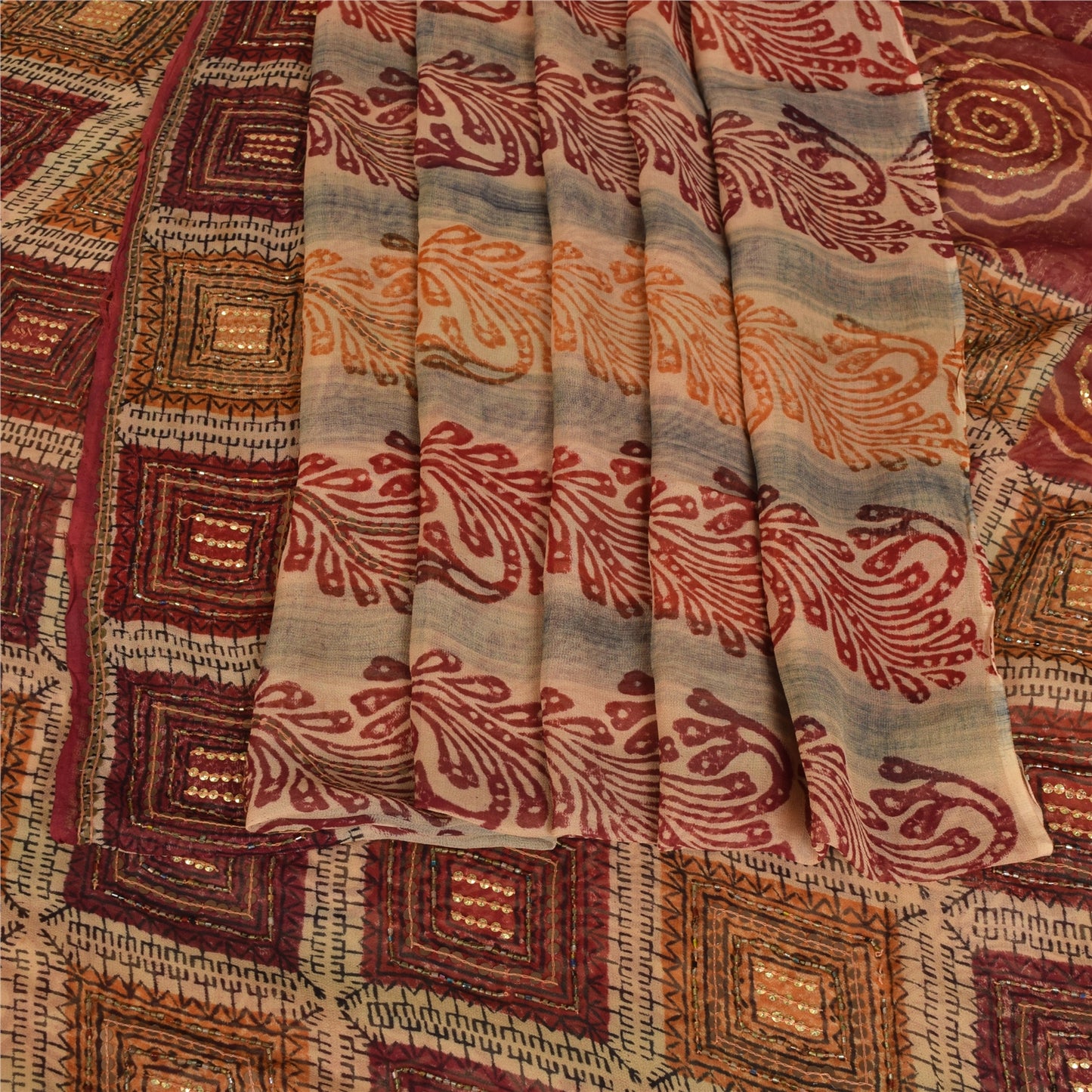 Sanskriti Vintage Brown Sarees Pure Georgette Hand Beaded Craft Fabric 5yrd Sari
